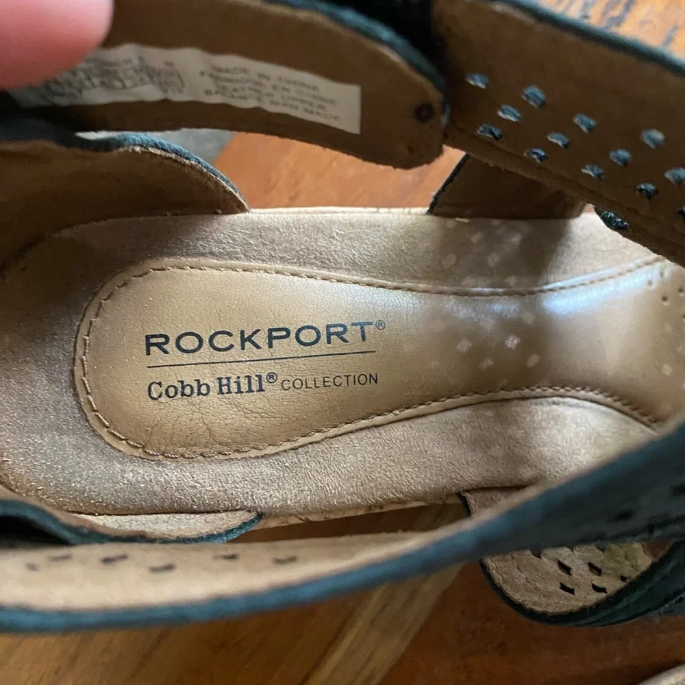 Rockport Women's Cobb Hill Black Leather Laser Cut Design Wedge Sandals Size 9